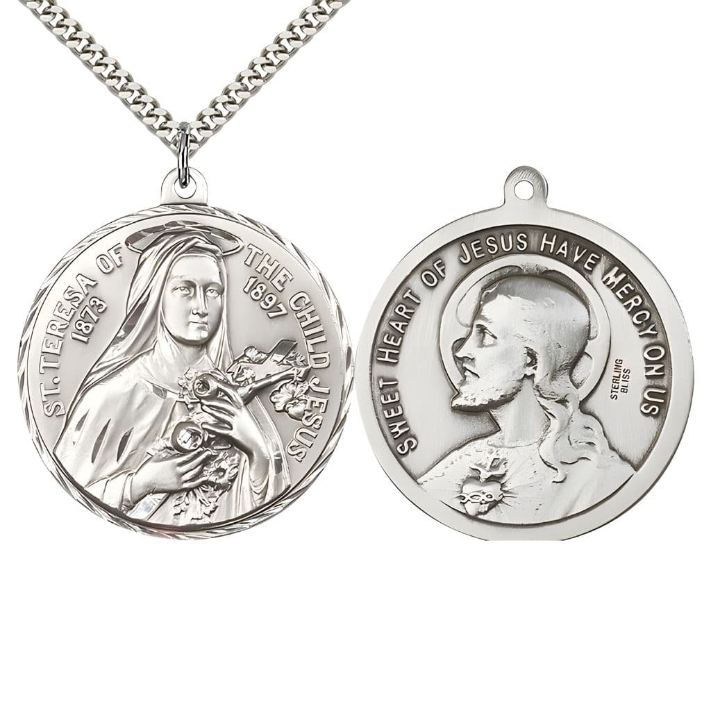 Bliss St. Theresa and the  Sacred Heart of Jesus Medal with rhodium-plated chain. Made in the USA by Bliss, deluxe gift box. Measures: 1 1/2-inch tall by 1 1/2-inch wide.