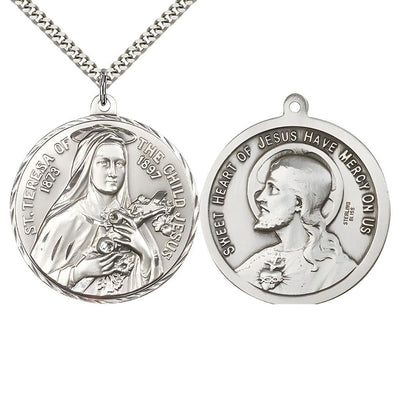 St. Theresa and the Sacred Heart of Jesus Medal with rhodium-plated chain., deluxe gift box. Measures: 1 1/2-inch tall by 1 1/2-inch wide, Bliss Manufacturing