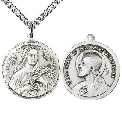 St. Theresa and the Sacred Heart of Jesus Sterling Silver Medal with sterling silver chain., deluxe gift box. Measures: 1 1/2-inch tall by 1 1/2-inch wide, Bliss Manufacturing