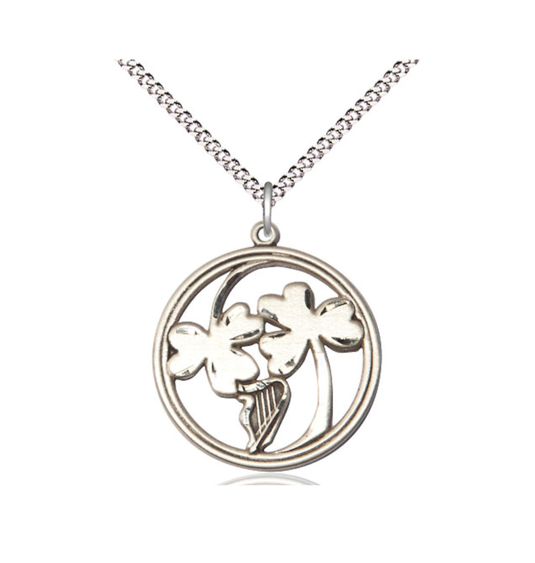 Bliss Sterling Silver Irish Shamrock Harp Necklace with Chain,