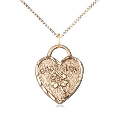 14kt Gold Filled Good Luck Shamrock Heart Pendant on a 18 inch Gold Filled Light Curb Chain, Bliss Manufacturing
