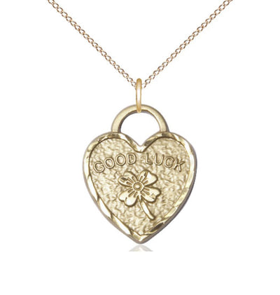 14kt Gold Good Luck Shamrock Heart Pendant on a 18 inch 14kt Gold Light Curb Chain, Bliss Manufacturing
