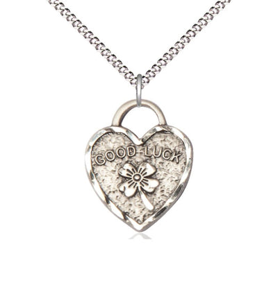 Sterling Silver Good Luck Shamrock Heart Pendant on a 18 inch Light Rhodium Light Curb Chain, Bliss Manufacturing