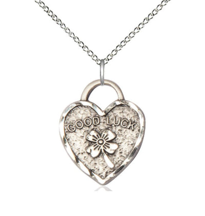 Sterling Silver Good Luck Shamrock Heart Pendant on a 18 inch Sterling Silver Light Curb Chain, Bliss Manufacturing