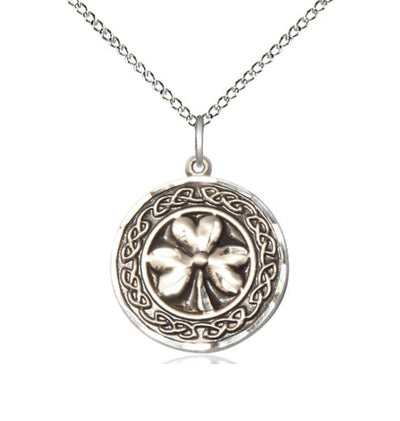 Sterling Silver Shamrock w/Celtic Border Necklace with Sterling Silver Chain, Bliss Manufacturing
