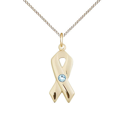 Aqua Cancer Awareness Ribbon Birthstone Crystal 14kt Gold-filled Pendant with Gold-filled Chain, Measures 7/8 X 3/8, Bliss Manufacturing