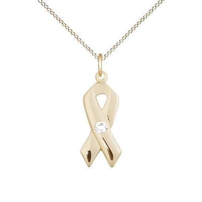 Clear Cancer Awareness Ribbon Birthstone Crystal 14kt Gold-filled Pendant with Gold-filled Chain, Measures 7/8 X 3/8, Bliss Manufacturing