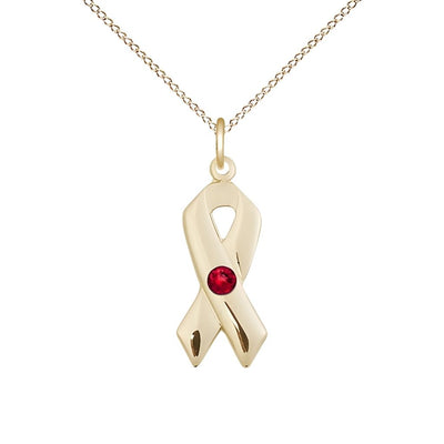 Ruby Cancer Awareness Ribbon Birthstone Crystal 14kt Gold-filled Pendant with Gold-filled Chain, Measures 7/8 X 3/8, Bliss Manufacturing