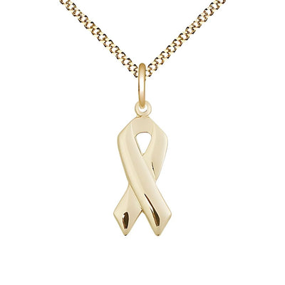 Cancer Awareness Ribbon 14kt Gold-filled Medal with -Gold-Plated Chain, Measures 7/8 X 3/8, Bliss Manufacturing