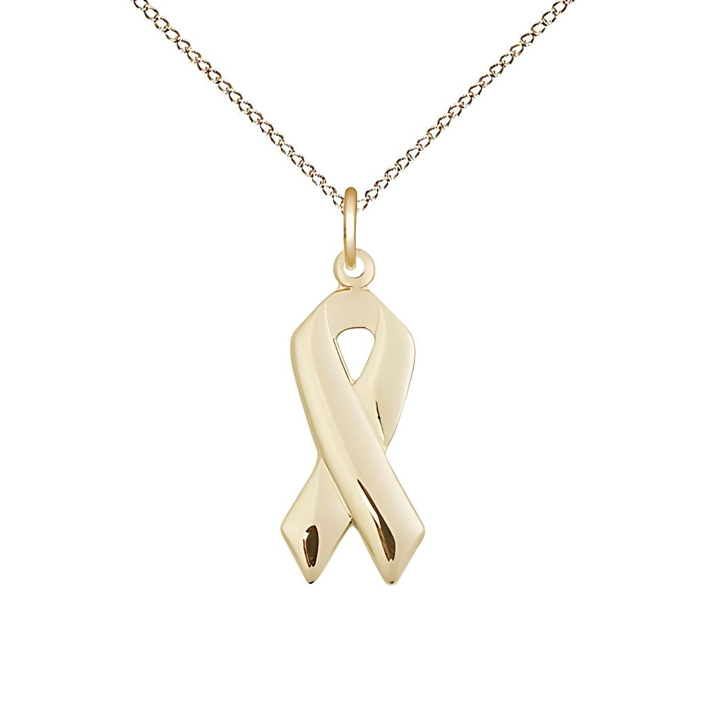 Bliss Cancer Awareness Ribbon  14kt Gold-filled Medal with -Gold-filled Chain, Measures 7/8 X 3/8