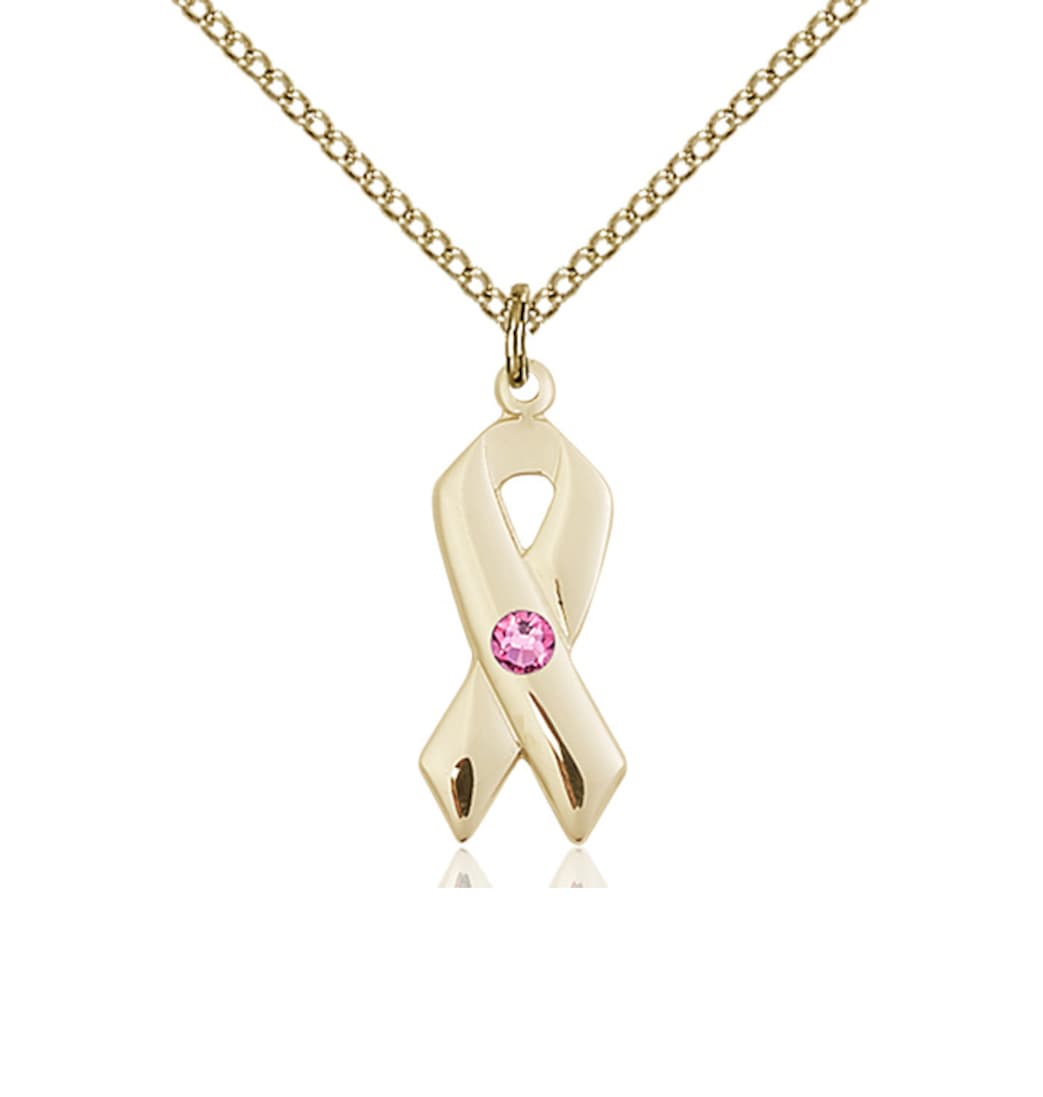 Bliss Oct/Rose Cancer Awareness Ribbon Birthstone Crystal 14kt Pendant with 14kt Chain,