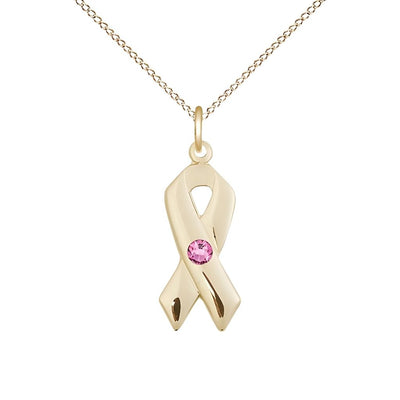 Oct/Rose Cancer Awareness Ribbon Birthstone Crystal 14kt Gold Pendant with 14kt Chain, Measures 7/8 X 3/8, Bliss Manufacturing