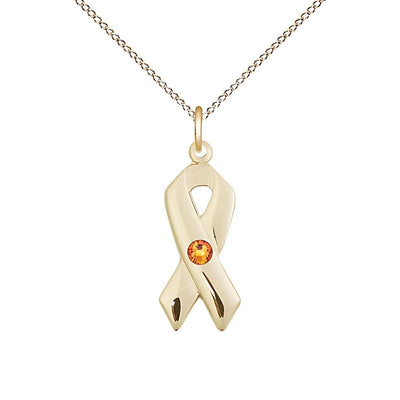 Nov/Topaz Cancer Awareness Ribbon Birthstone Crystal 14kt Gold Pendant with 14kt Chain, Measures 7/8 X 3/8, Bliss Manufacturing