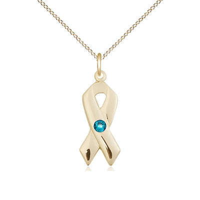 Dec/Zircon Cancer Awareness Ribbon Birthstone Crystal 14kt Gold Pendant with 14kt Chain, Measures 7/8 X 3/8, Bliss Manufacturing