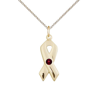 Jan/Garnet Cancer Awareness Ribbon Birthstone Crystal 14kt Gold Pendant with 14kt Chain, Measures 7/8 X 3/8, Bliss Manufacturing