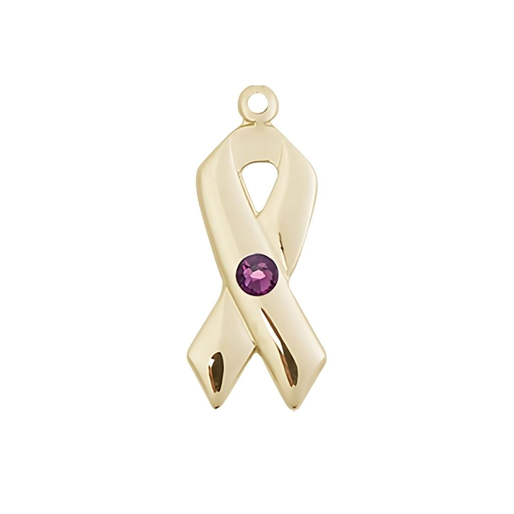 Bliss Amethyst Cancer Awareness Ribbon Birthstone Crystal 14kt Gold Pendant, Measures 7/8 X 3/8