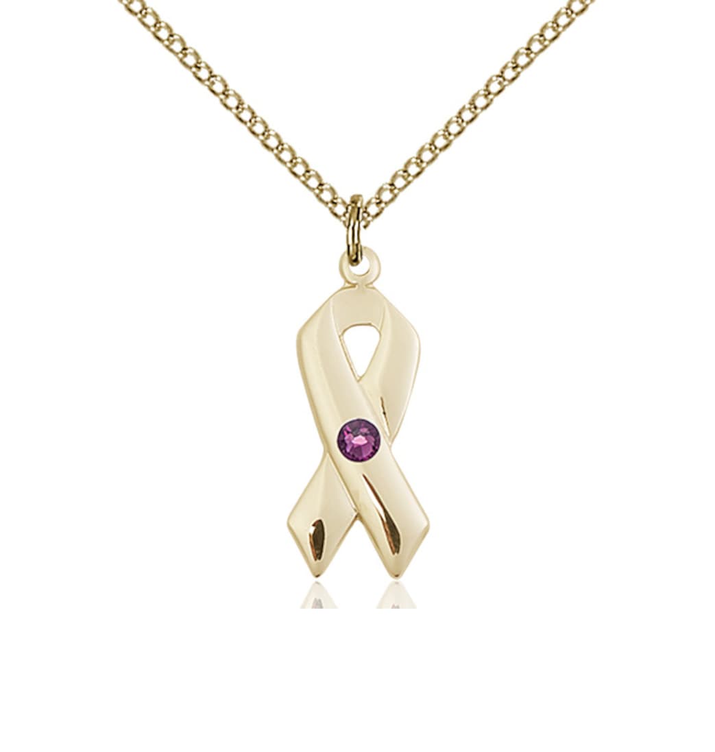 Bliss Feb/Amethyst Cancer Awareness Ribbon Birthstone Crystal 14kt Pendant with 14kt Chain,