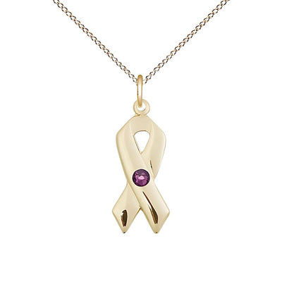 Feb/Amethyst Cancer Awareness Ribbon Birthstone Crystal 14kt Gold Pendant with 14kt Chain, Measures 7/8 X 3/8, Bliss Manufacturing