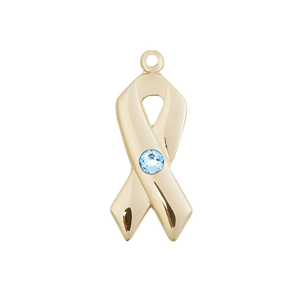 Bliss March Aqua Cancer Awareness Ribbon Birthstone Crystal 14kt Gold Pendant, Measures 7/8 X 3/8
