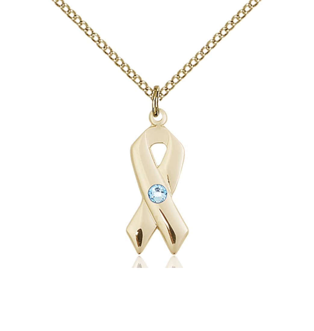 Bliss Mar/Aqua Cancer Awareness Ribbon Birthstone Crystal 14kt Pendant with 14kt Chain,