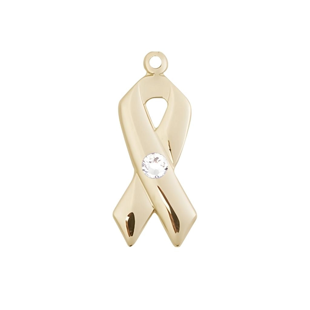 Bliss April Clear Cancer Awareness Ribbon Birthstone Crystal 14kt Gold Pendant, Measures 7/8 X 3/8
