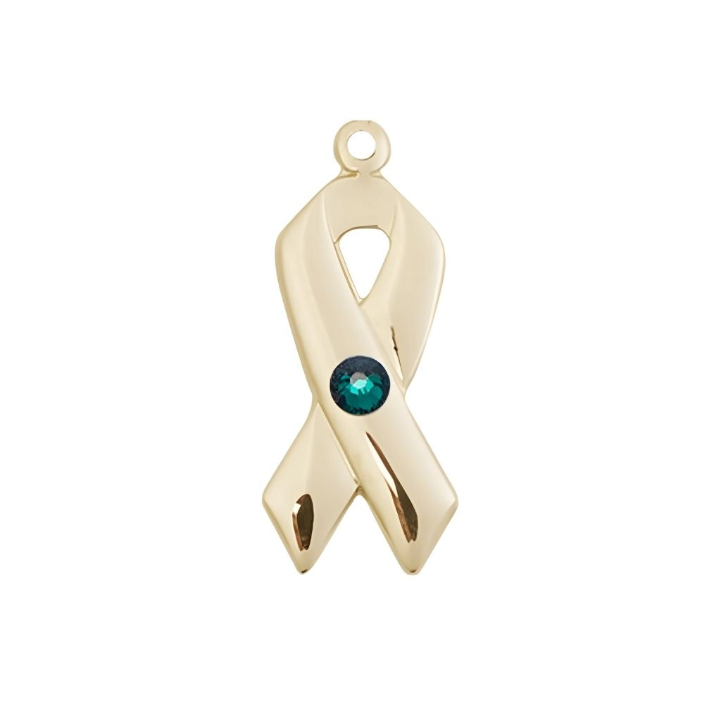 Bliss Emerald Cancer Awareness Ribbon Birthstone Crystal 14kt Gold Pendant, Measures 7/8 X 3/8