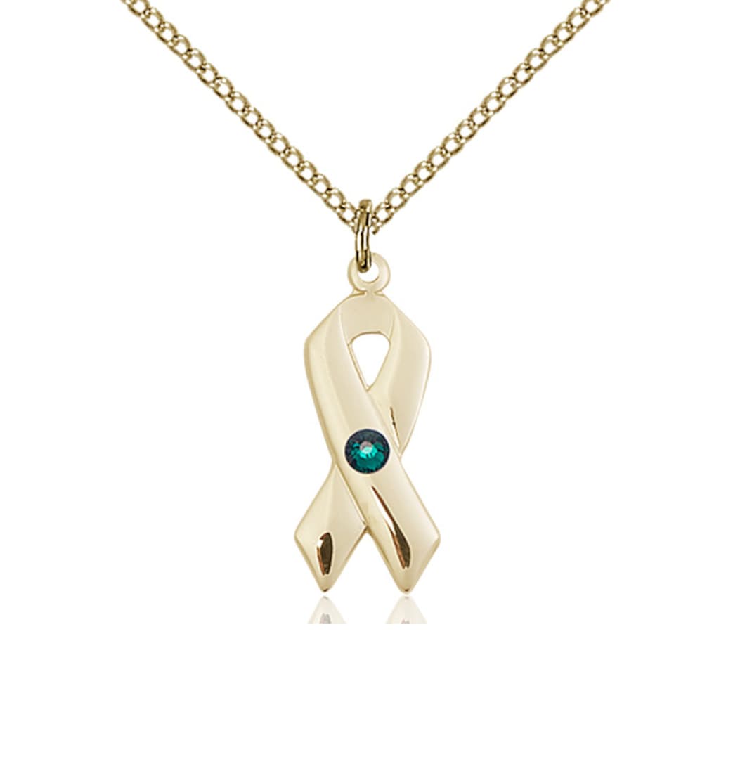 Bliss May/Emerald Cancer Awareness Ribbon Birthstone Crystal 14kt Pendant with 14kt Chain,