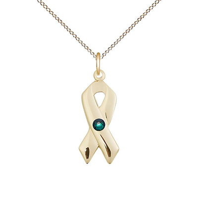 May/Emerald Cancer Awareness Ribbon Birthstone Crystal 14kt Gold Pendant with 14kt Chain, Measures 7/8 X 3/8, Bliss Manufacturing