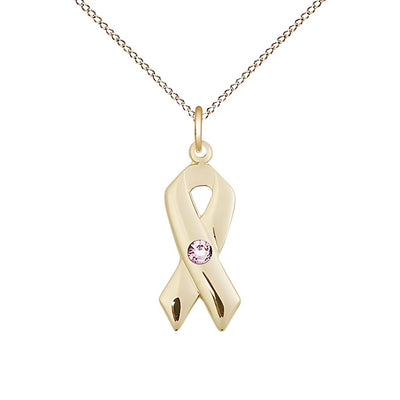 Jun/Lt Amethyst Cancer Awareness Ribbon Birthstone Crystal 14kt Gold Pendant with 14kt Chain, Measures 7/8 X 3/8, Bliss Manufacturing