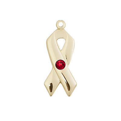 Ruby Cancer Awareness Ribbon Birthstone Crystal 14kt Gold Pendant, Measures 7/8 X 3/8, Bliss Manufacturing