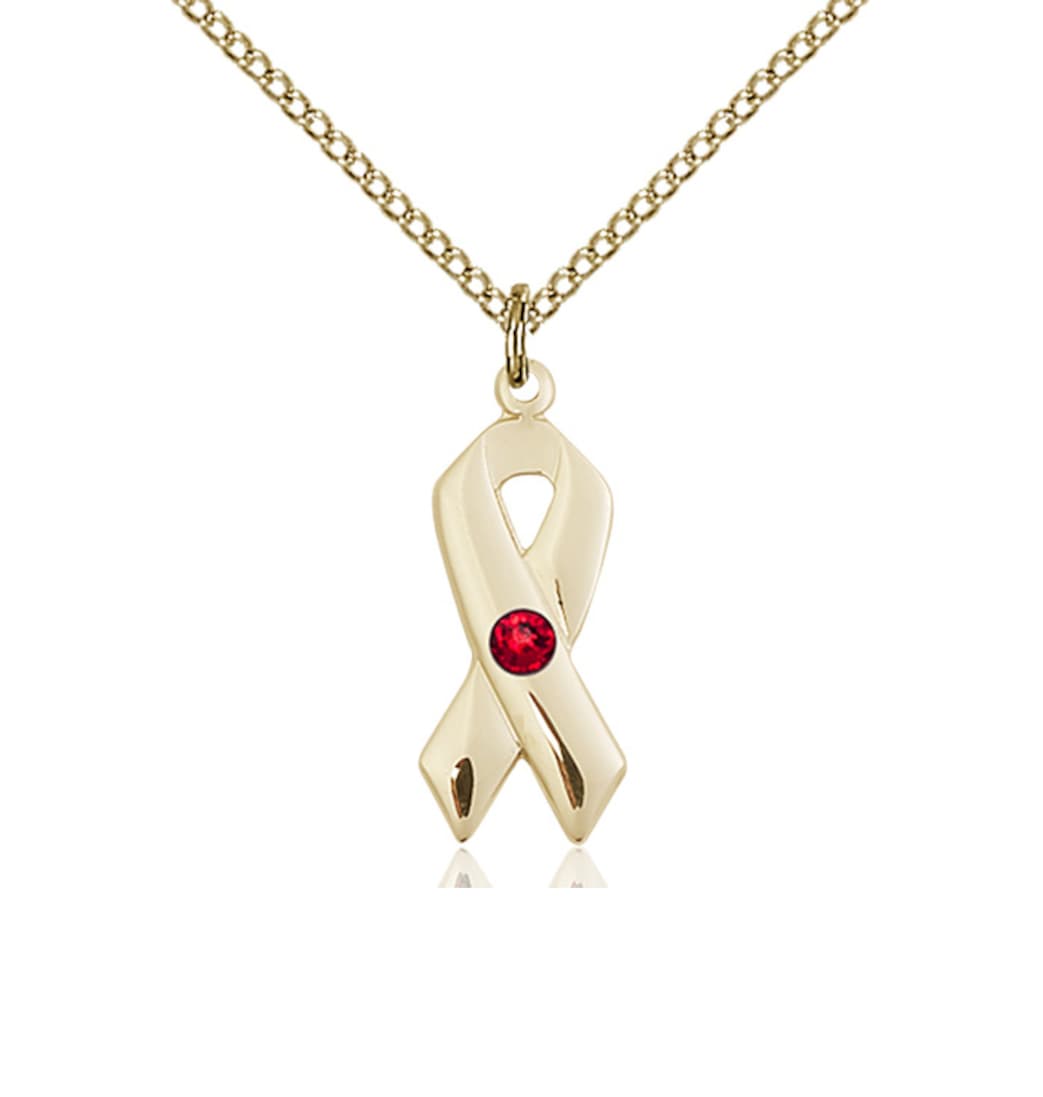 Bliss Jul/Ruby Cancer Awareness Ribbon Birthstone Crystal 14kt Pendant with 14kt Chain,