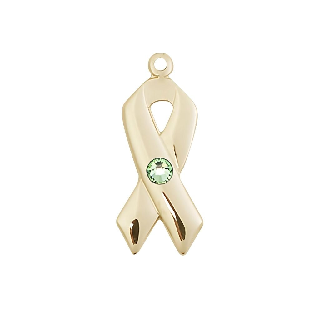 Bliss Peridot Cancer Awareness Ribbon Birthstone Crystal 14kt Gold Pendant, Measures 7/8 X 3/8