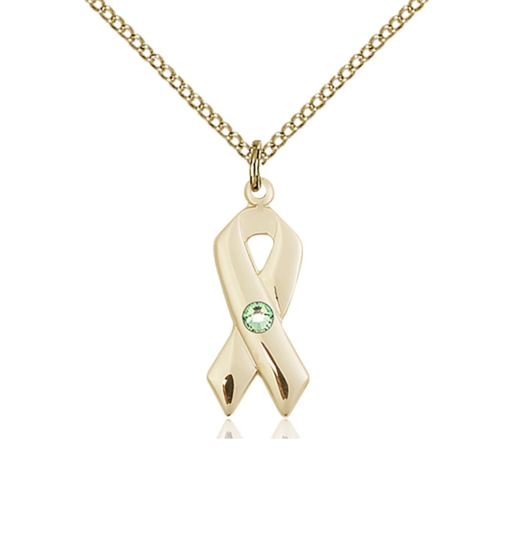 Bliss Aug/Peridot Cancer Awareness Ribbon Birthstone Crystal 14kt Pendant with 14kt Chain,