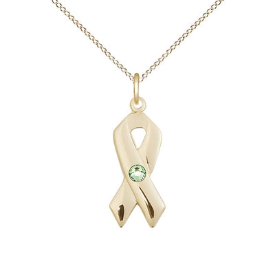 Aug/Peridot Cancer Awareness Ribbon Birthstone Crystal 14kt Gold Pendant with 14kt Chain, Measures 7/8 X 3/8, Bliss Manufacturing