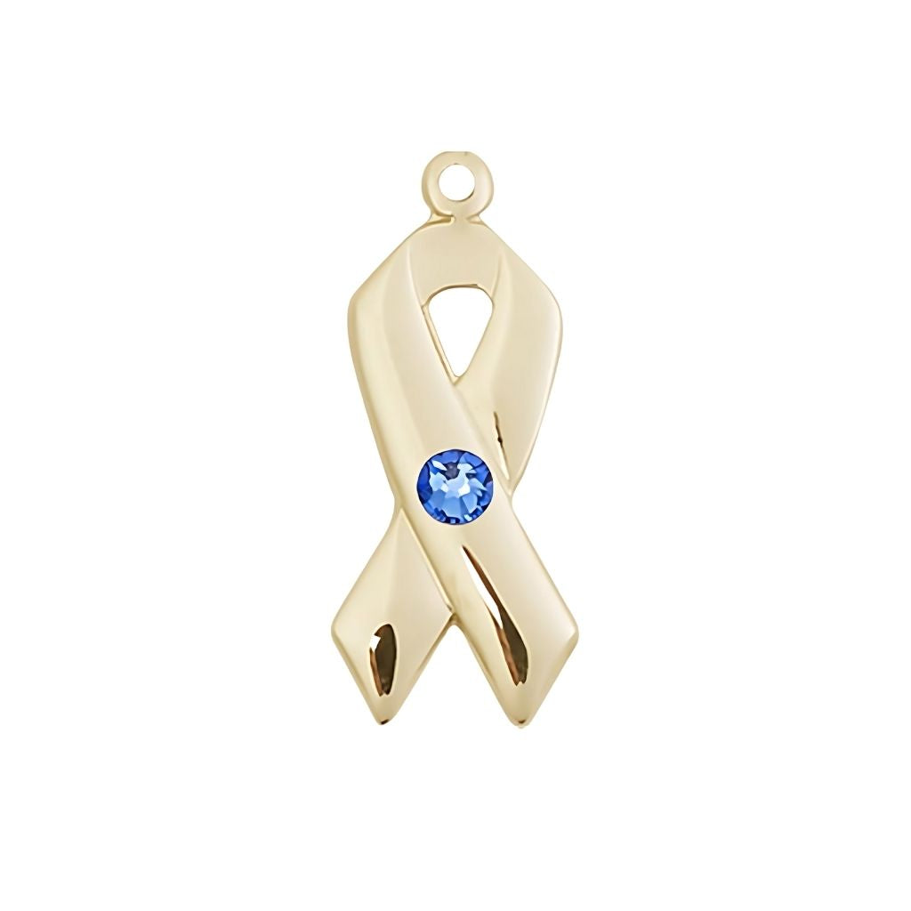 Bliss Sapphire Cancer Awareness Ribbon Birthstone Crystal 14kt Gold Pendant, Measures 7/8 X 3/8