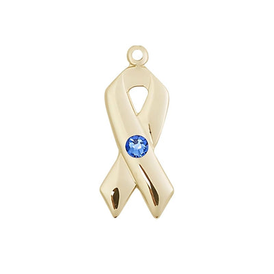 Sapphire Cancer Awareness Ribbon Birthstone Crystal 14kt Gold Pendant, Measures 7/8 X 3/8, Bliss Manufacturing