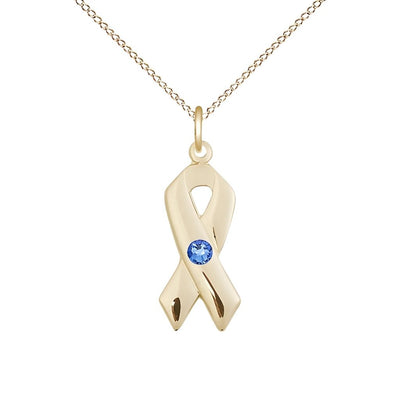 Sep/Sapphire Cancer Awareness Ribbon Birthstone Crystal 14kt Gold Pendant with 14kt Chain, Measures 7/8 X 3/8, Bliss Manufacturing
