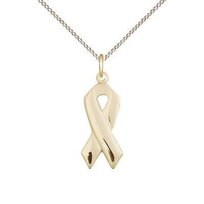 Cancer Awareness Ribbon 14kt Gold Medal with 14kt Gold Chain, Measures 7/8 X 3/8, Bliss Manufacturing