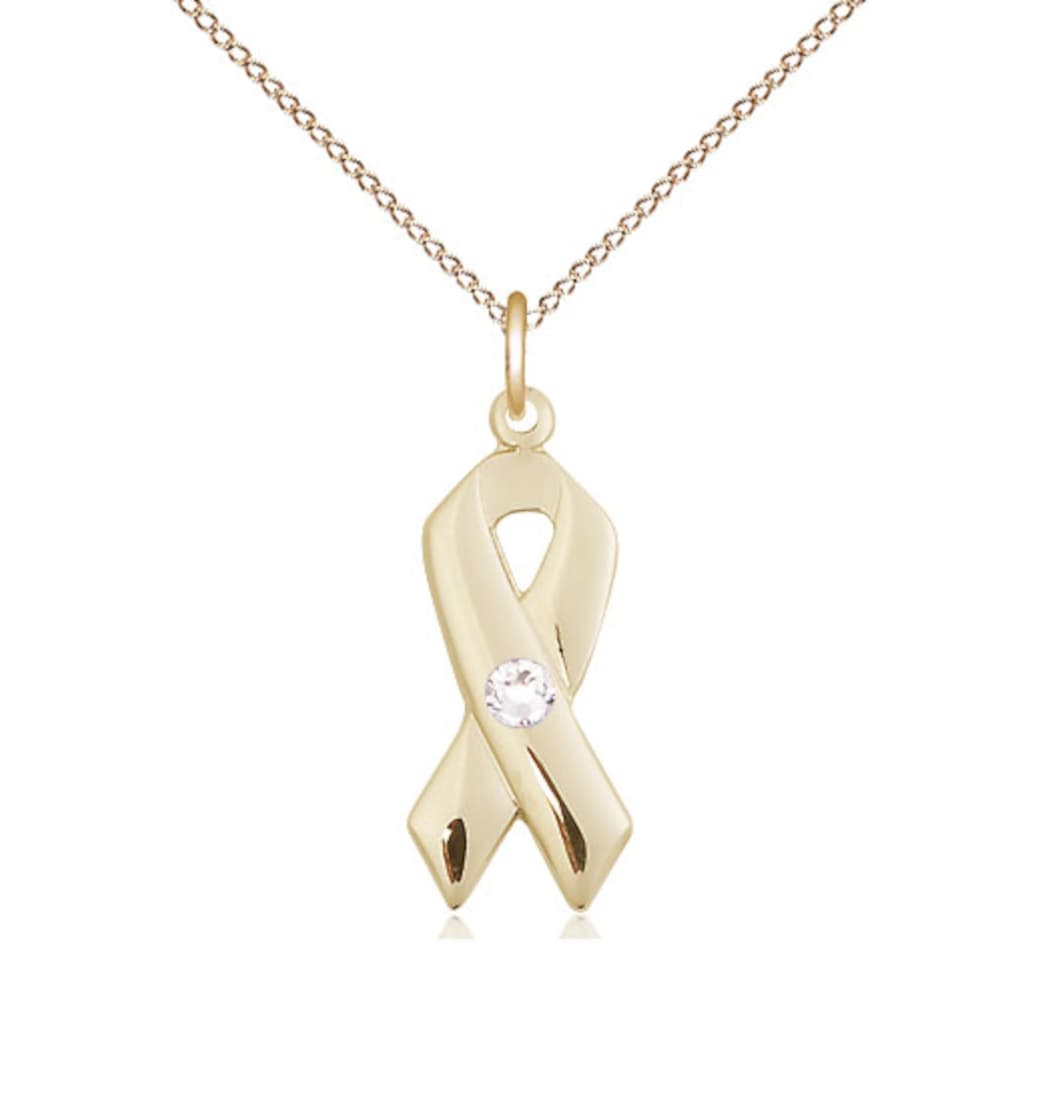 Bliss April Cancer Awareness Ribbon Birthstone Crystal 14kt Pendant with 14kt Chain,