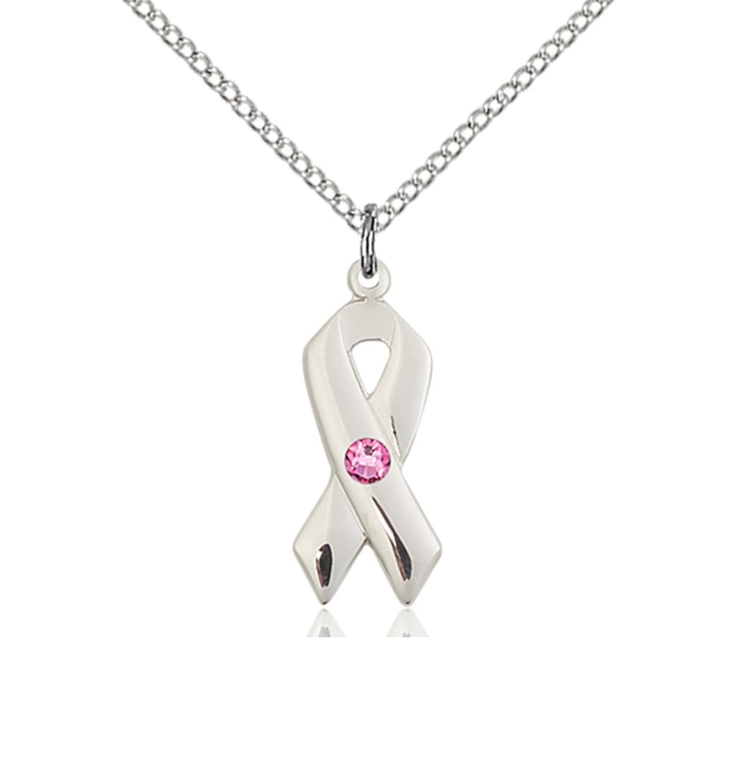 Bliss Cancer Awareness Ribbon Birthstone Oct/Rose Crystal Sterling Silver Pendant,