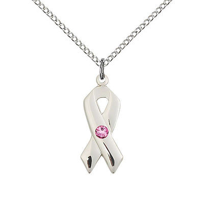 Cancer Awareness Ribbon Birthstone Oct/Rose Crystal Sterling Silver Pendant with Sterling Chain, Measures 7/8 X 3/8, Bliss Manufacturing