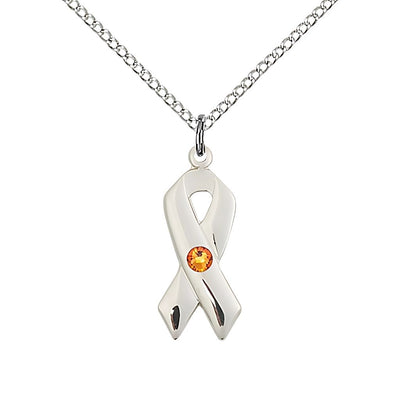 Cancer Awareness Ribbon Birthstone Nov/Topaz Crystal Sterling Silver Pendant with Sterling Chain, Measures 7/8 X 3/8, Bliss Manufacturing