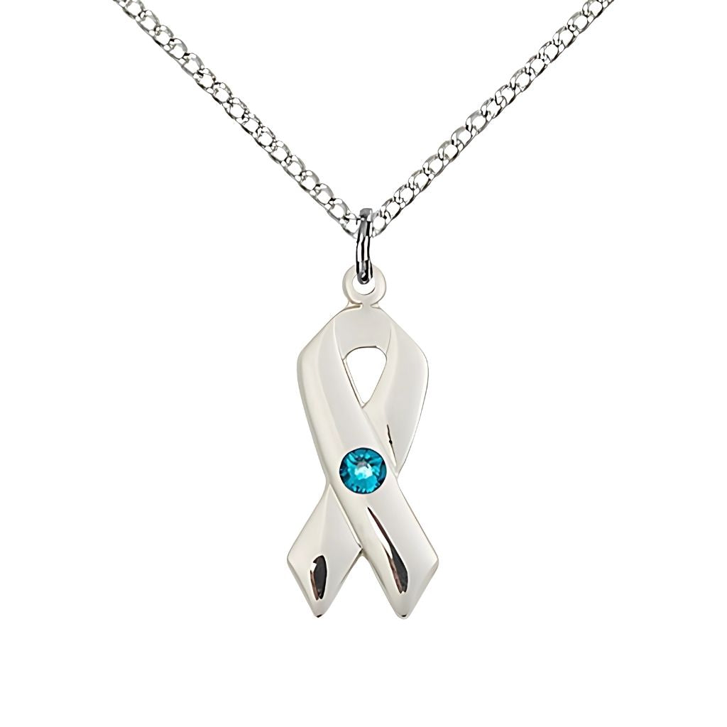 Bliss Cancer Awareness Ribbon Birthstone Zircon Crystal Sterling Silver Pendant with Sterling Chain, Measures 7/8 X 3/8