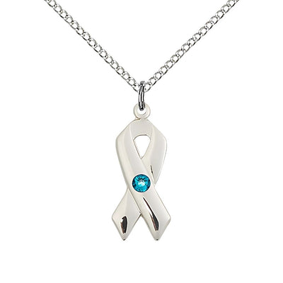 Cancer Awareness Ribbon Birthstone Zircon Crystal Sterling Silver Pendant with Sterling Chain, Measures 7/8 X 3/8, Bliss Manufacturing
