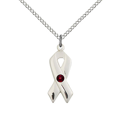 Cancer Awareness Ribbon Birthstone Jan/Garnet Crystal Sterling Silver Pendant with Sterling Chain, Measures 7/8 X 3/8, Bliss Manufacturing