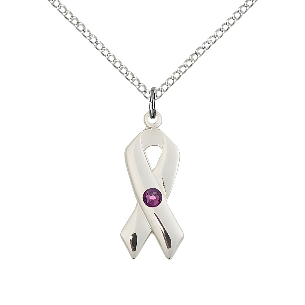 Bliss Cancer Awareness Ribbon Birthstone Feb/Amethyst Crystal Sterling Silver Pendant with Sterling Chain, Measures 7/8 X 3/8