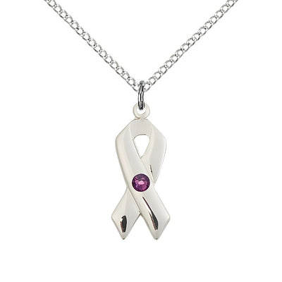 Cancer Awareness Ribbon Birthstone Feb/Amethyst Crystal Sterling Silver Pendant with Sterling Chain, Measures 7/8 X 3/8, Bliss Manufacturing