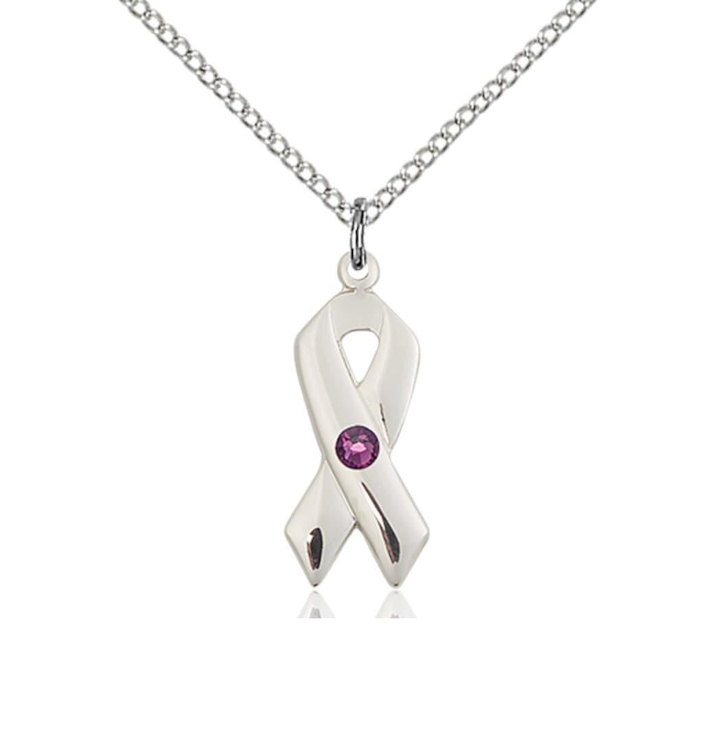 Bliss Cancer Awareness Ribbon Birthstone Feb/Amethyst Crystal Sterling Silver Pendant,