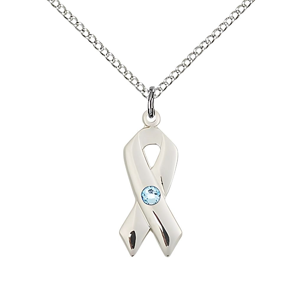 Bliss Cancer Awareness Ribbon Birthstone March/Aqua Crystal Sterling Silver Pendant with Sterling Chain, Measures 7/8 X 3/8