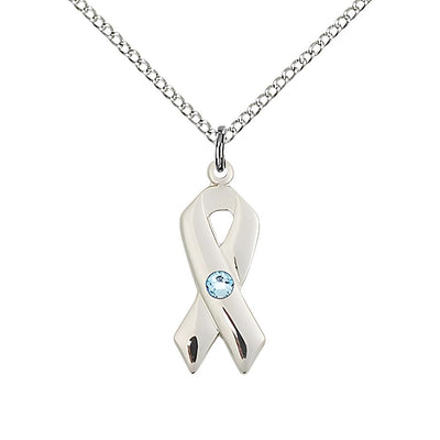 Cancer Awareness Ribbon Birthstone March/Aqua Crystal Sterling Silver Pendant with Sterling Chain, Measures 7/8 X 3/8, Bliss Manufacturing